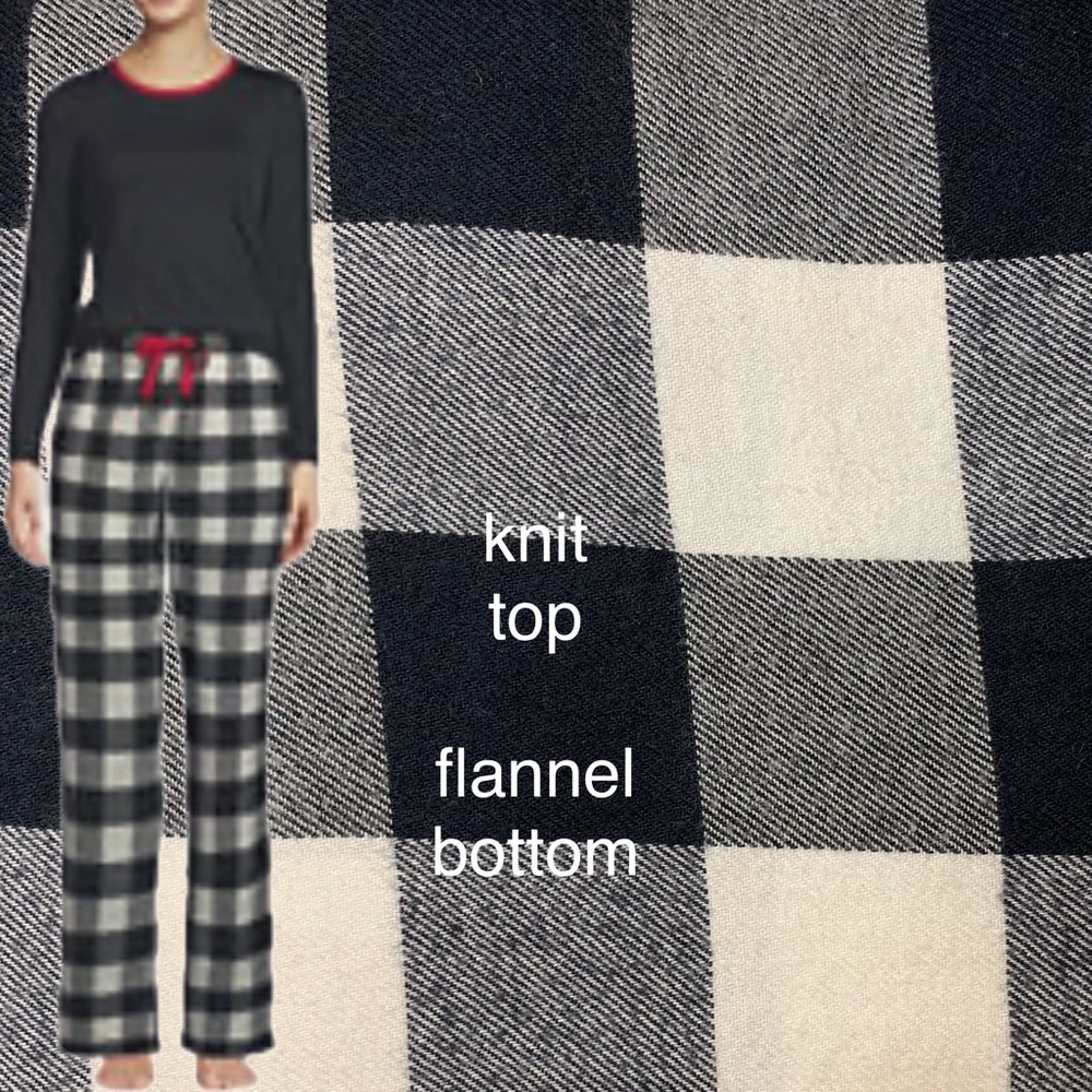 LANDSEND WOMENS PJ SET Knit Tee Shirt Top & Cotton Flannel Pants